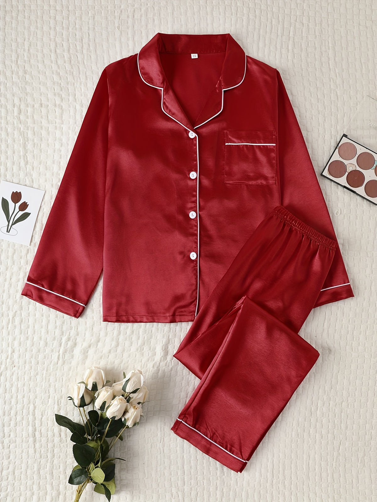 Autumn-Winter High-Quality Solid Color Satin Pajama Set, Comfortable Long-Sleeve Top and Comfortable Elastic Waistband Pants