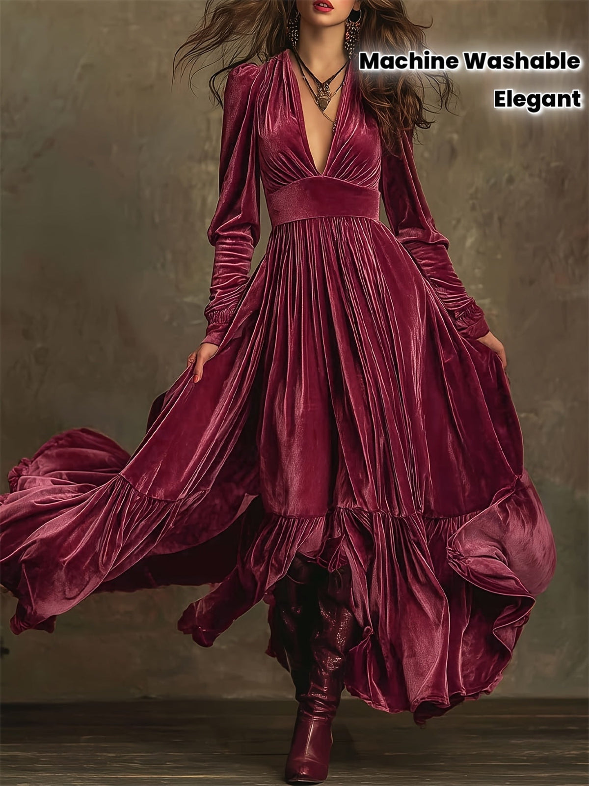 SERAFINA | RETRO OVERSIZED SKIRT LONG DRESS WITH DEEP V-NECK