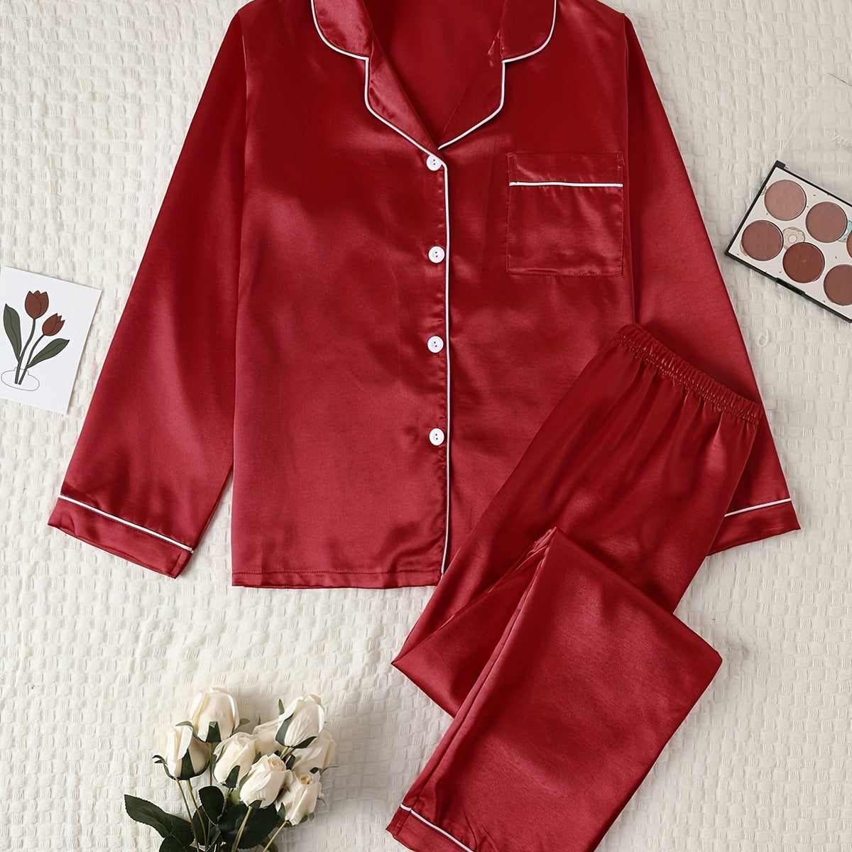 Autumn-Winter High-Quality Solid Color Satin Pajama Set, Comfortable Long-Sleeve Top and Comfortable Elastic Waistband Pants