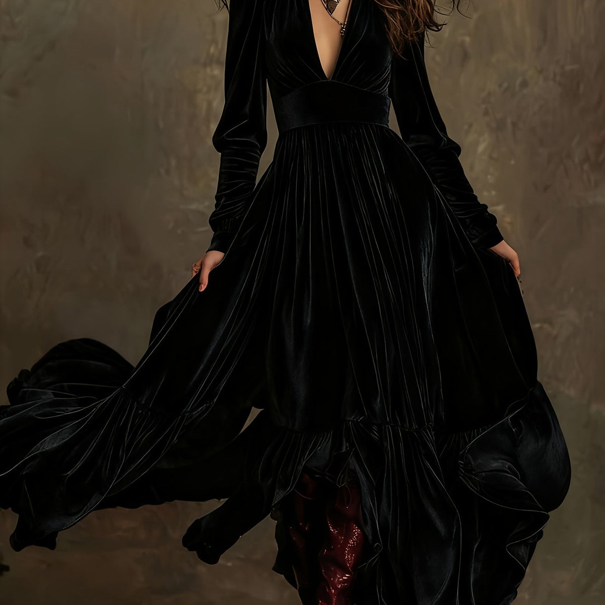 SERAFINA | RETRO OVERSIZED SKIRT LONG DRESS WITH DEEP V-NECK
