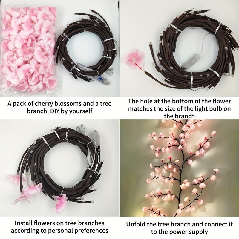 1pc 48LED/36 LED Cherry Blossom Vine String Lights Glowing Cherry Blossom Branch Lights, Bendable Cherry Blossom Vine Lights, LED Branch Lights, 8 Flashing Modes, USB Powered, Indoor Ambient Holiday Decorations Lights