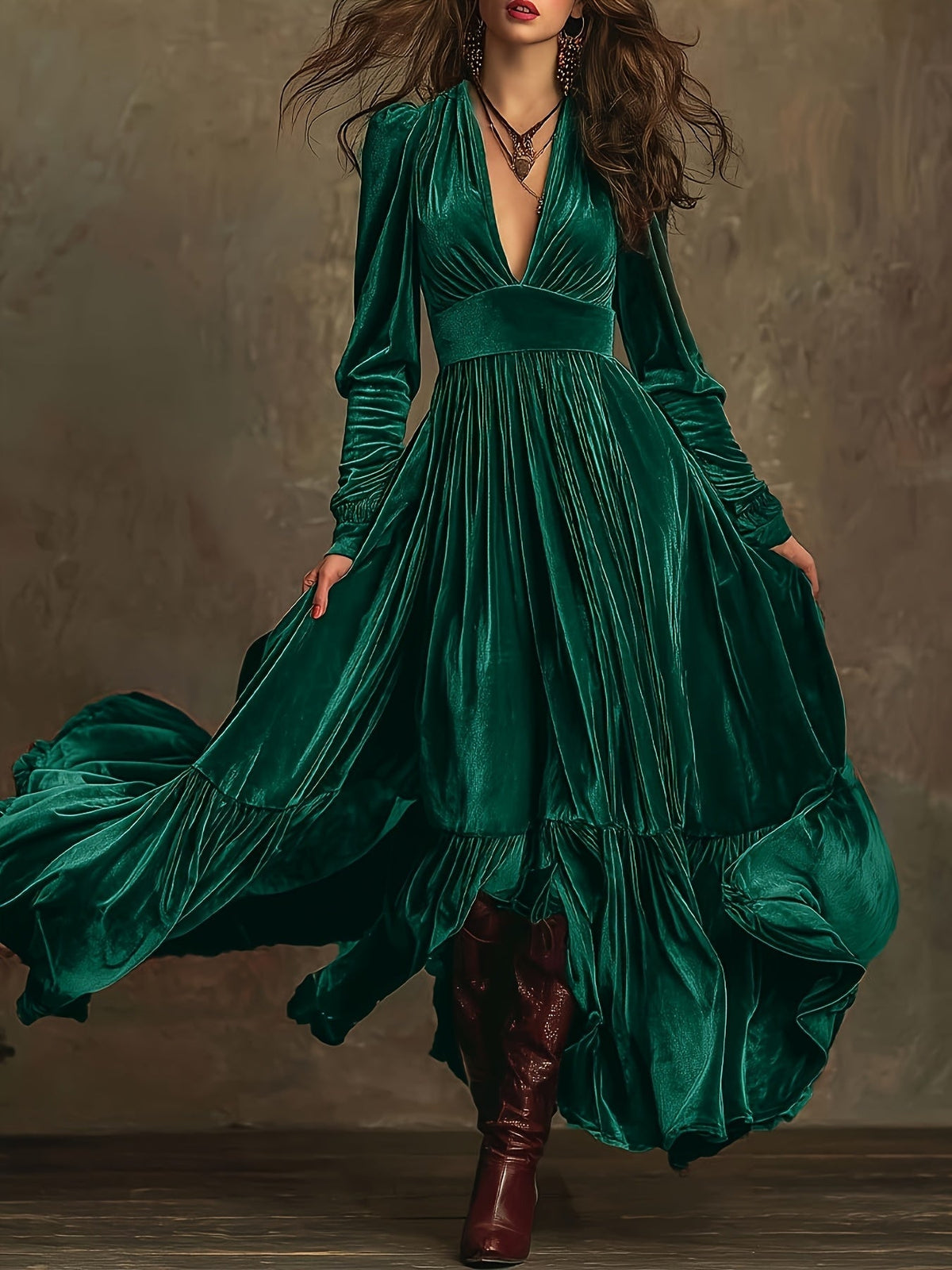 SERAFINA | RETRO OVERSIZED SKIRT LONG DRESS WITH DEEP V-NECK