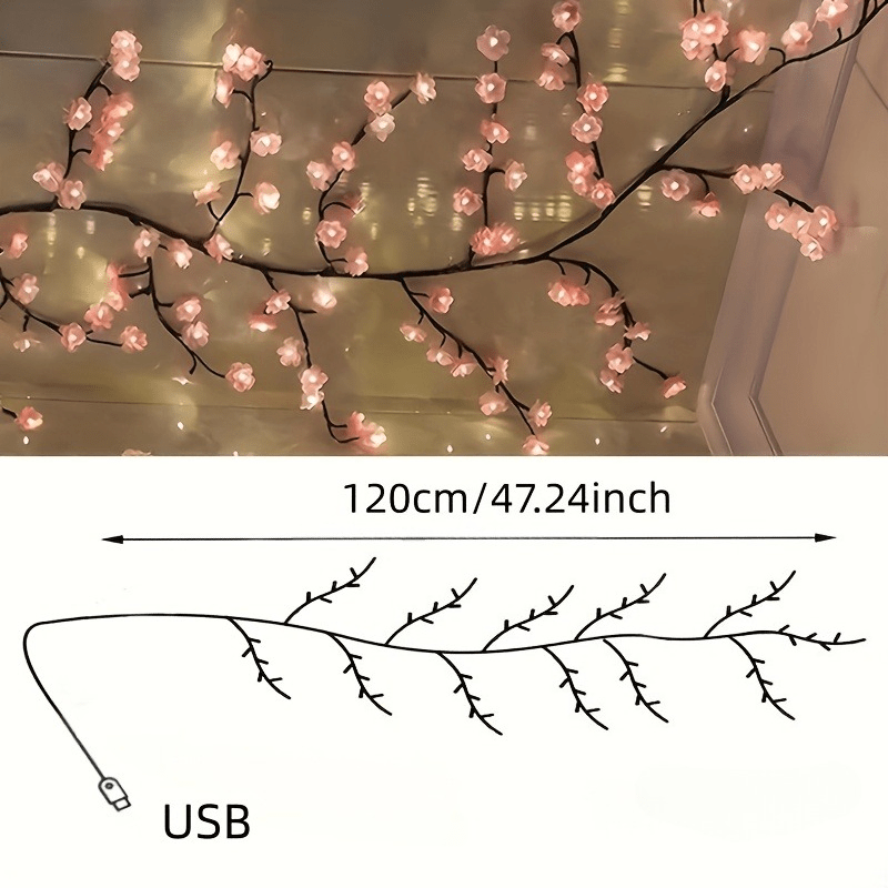 1pc 48LED/36 LED Cherry Blossom Vine String Lights Glowing Cherry Blossom Branch Lights, Bendable Cherry Blossom Vine Lights, LED Branch Lights, 8 Flashing Modes, USB Powered, Indoor Ambient Holiday Decorations Lights