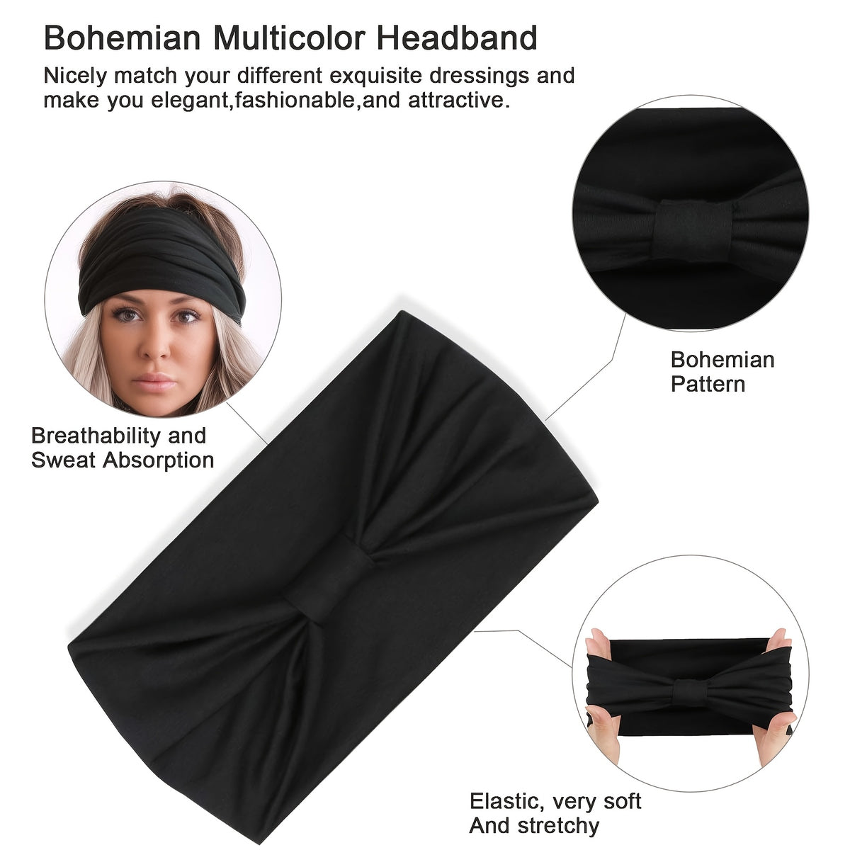 Women's Black Fashionable Wide Headband, Bohemian Thick Hairband, Large African Sports Yoga Headscarf Hair Accessory