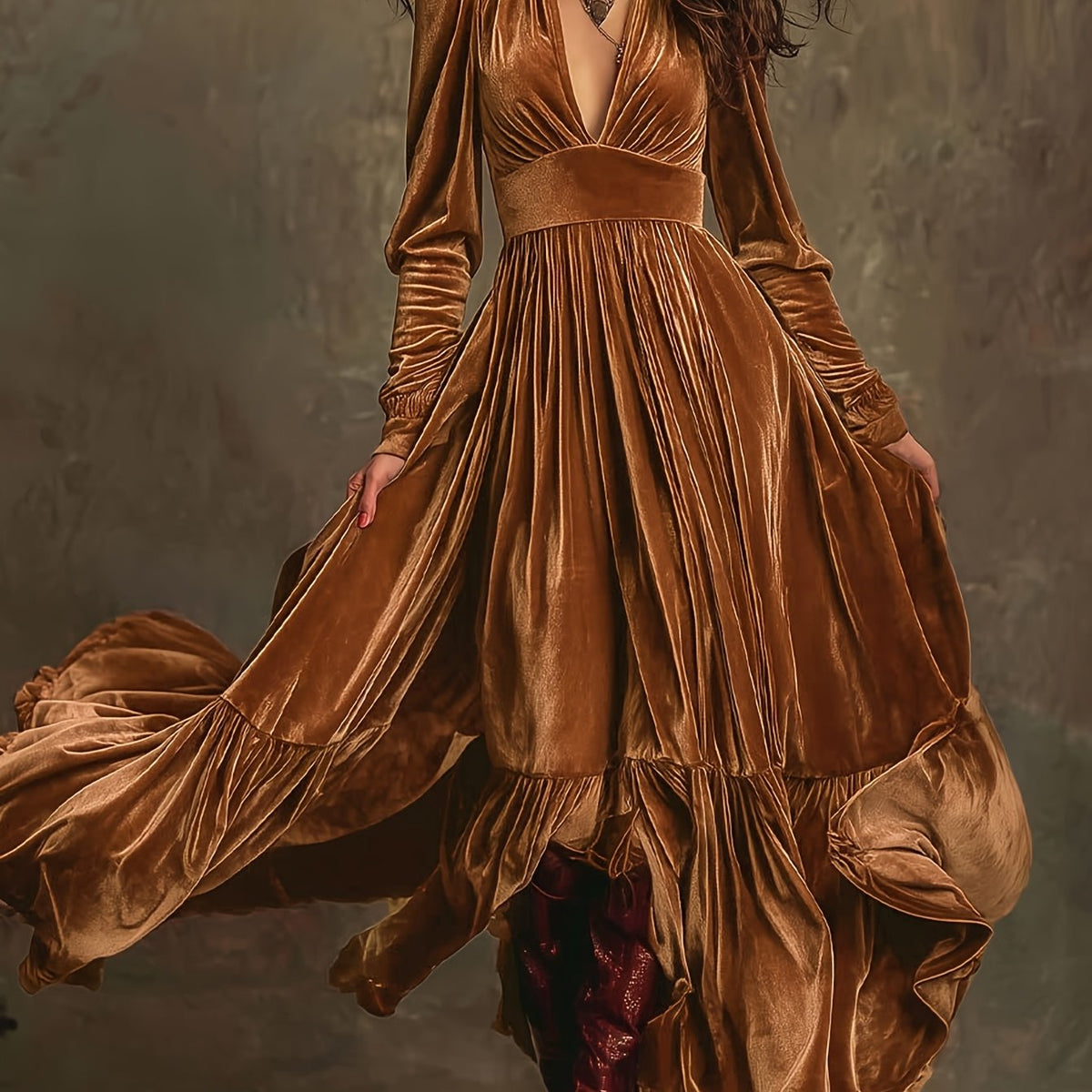 SERAFINA | RETRO OVERSIZED SKIRT LONG DRESS WITH DEEP V-NECK