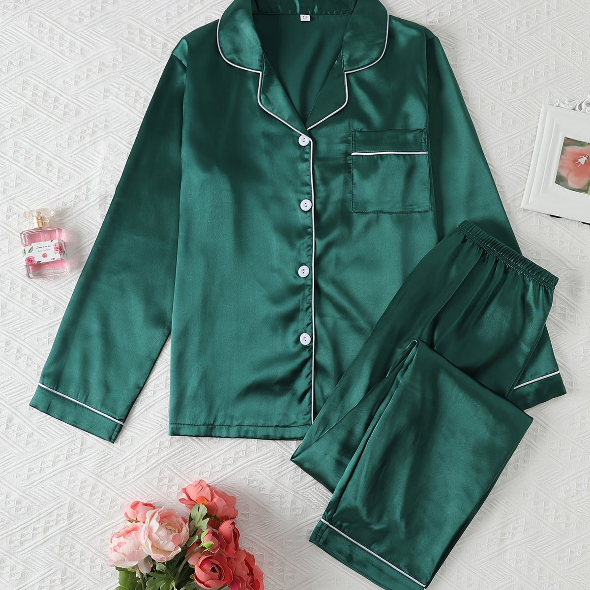 Autumn-Winter High-Quality Solid Color Satin Pajama Set, Comfortable Long-Sleeve Top and Comfortable Elastic Waistband Pants