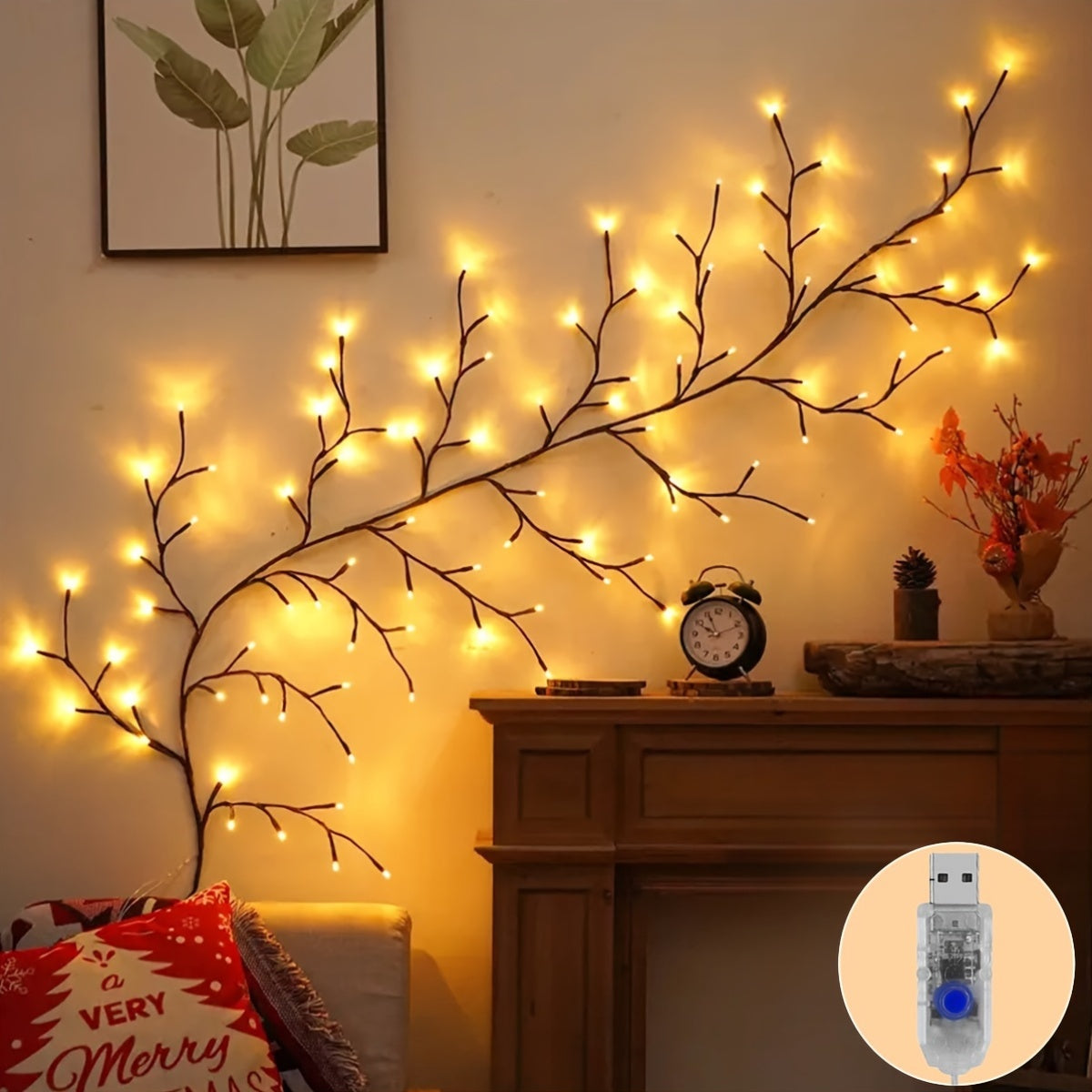 1pc 48LED/36 LED Cherry Blossom Vine String Lights Glowing Cherry Blossom Branch Lights, Bendable Cherry Blossom Vine Lights, LED Branch Lights, 8 Flashing Modes, USB Powered, Indoor Ambient Holiday Decorations Lights
