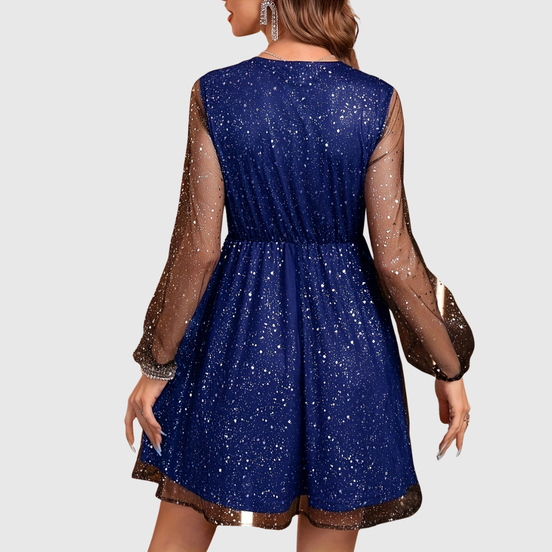 CHLOELINE | SEQUINED V-NECK LANTERN SLEEVE MESH DRESS