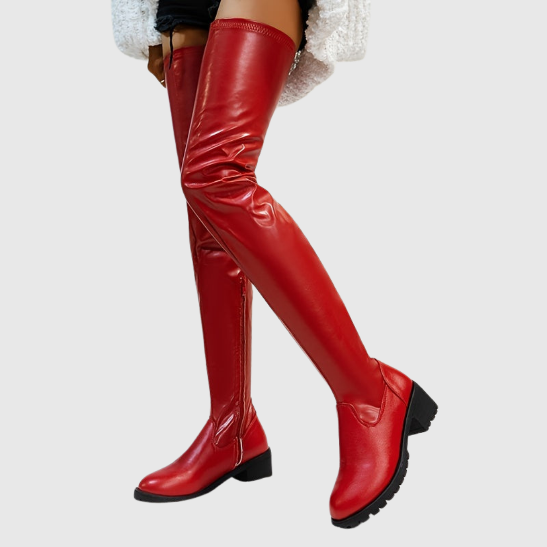 FENISSE | CHUNKY HEEL THIGH-HIGH LEATHER BOOTS