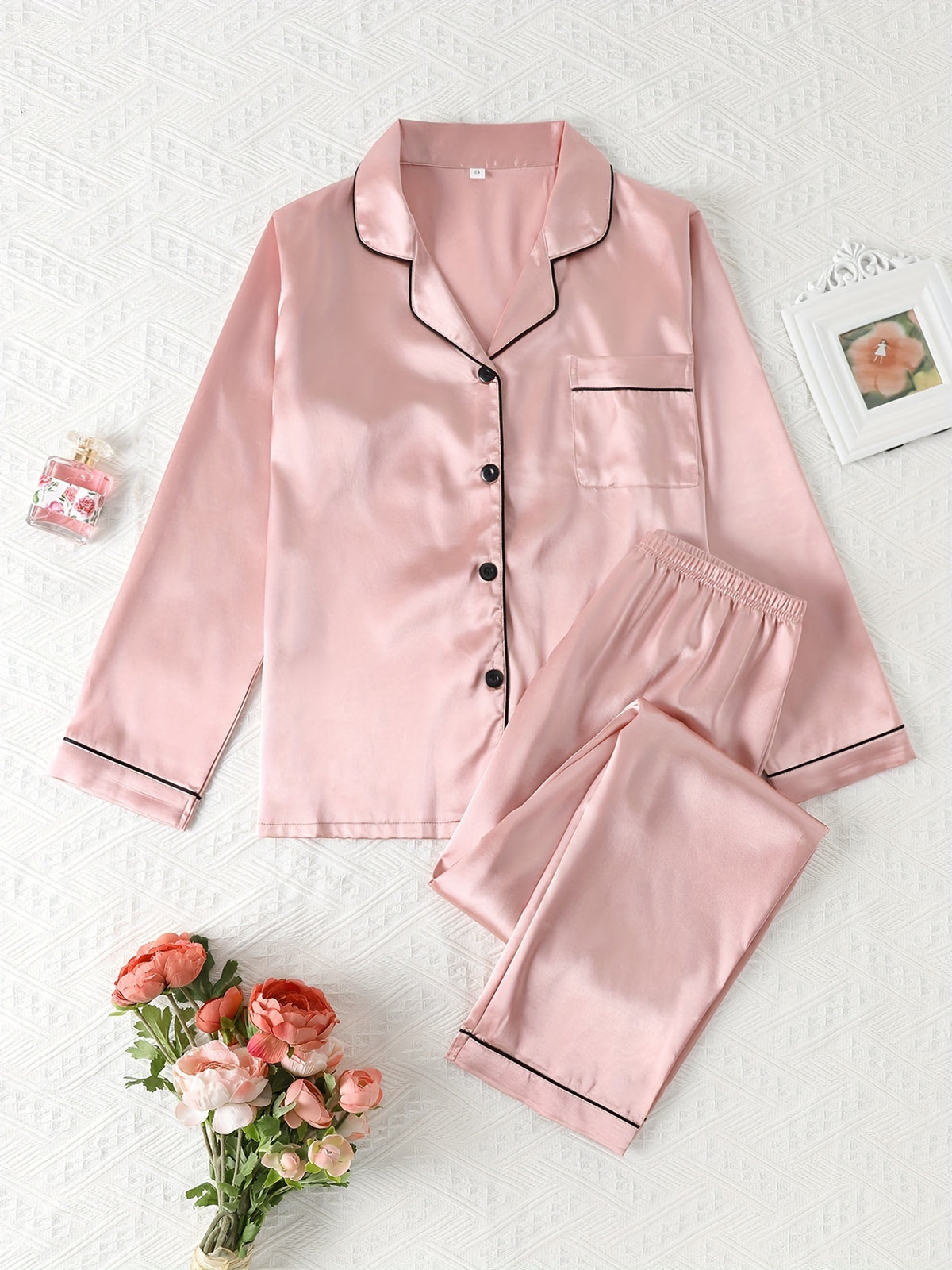 Autumn-Winter High-Quality Solid Color Satin Pajama Set, Comfortable Long-Sleeve Top and Comfortable Elastic Waistband Pants