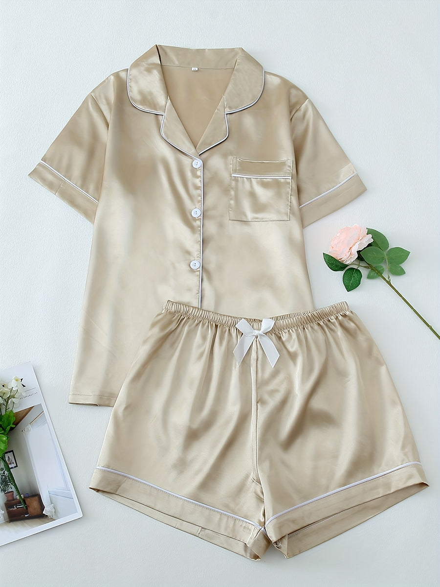 Women's Satin Button-Up Top with Elastic Waistband, Short Sleeves, and Shorts Pajama Loungewear Set