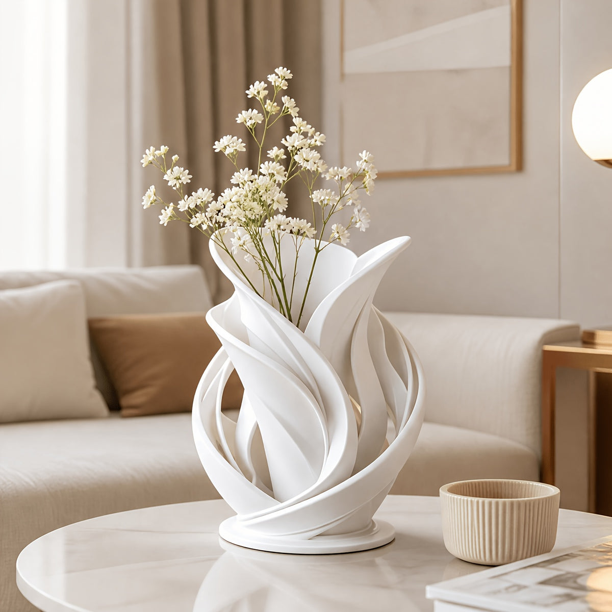 1pc Modern Abstract Twisted White Porcelain Vase, Hollow Wave Sculpture Decorative Vase, Artistic Style Table Centerpiece, Suitable for Home Living Room, Hotel And Office As Decorative Gift