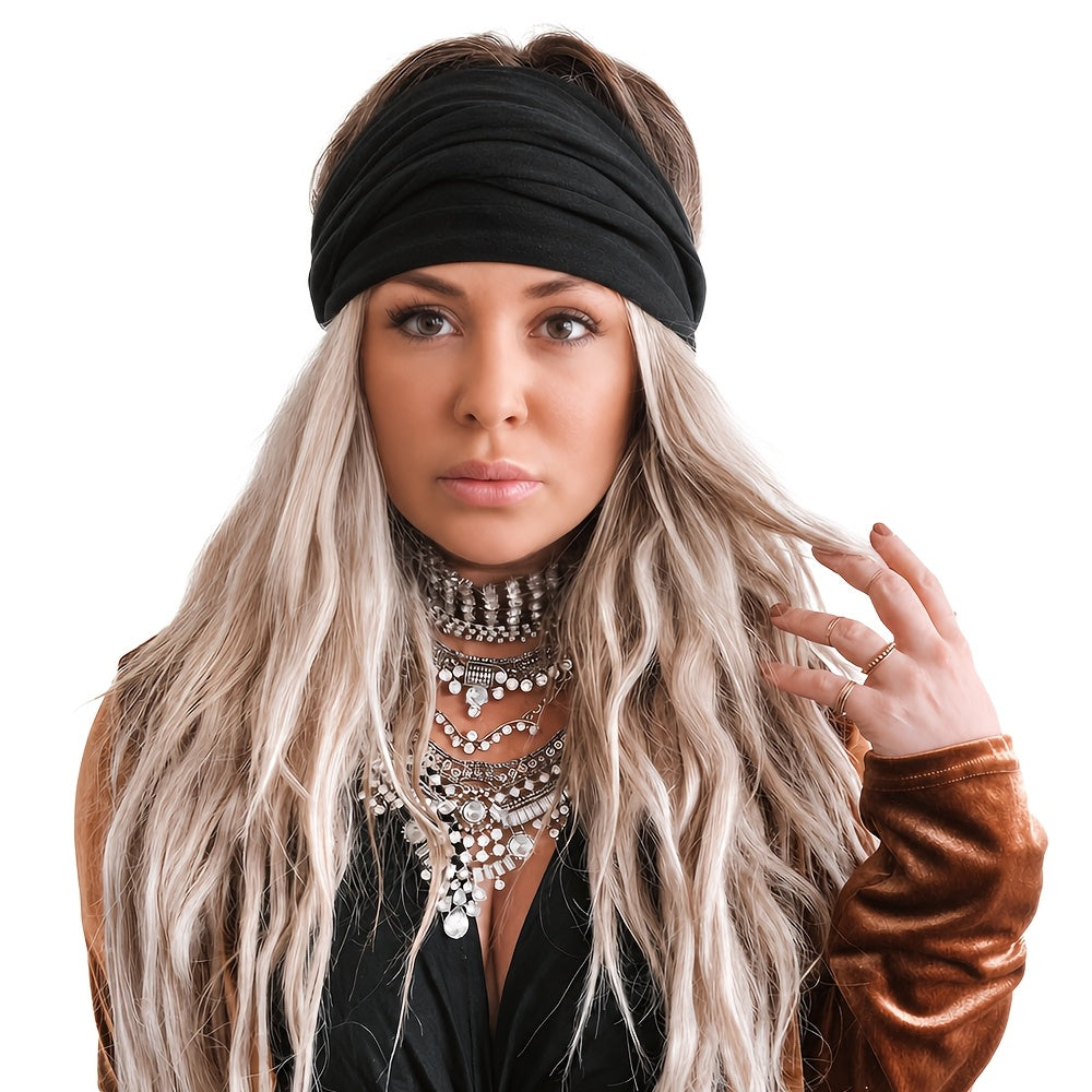 Women's Black Fashionable Wide Headband, Bohemian Thick Hairband, Large African Sports Yoga Headscarf Hair Accessory