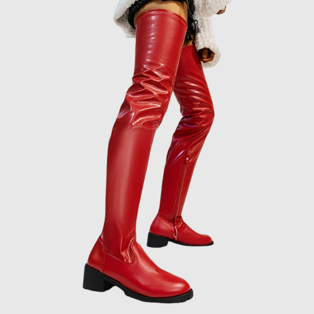 FENISSE | CHUNKY HEEL THIGH-HIGH LEATHER BOOTS
