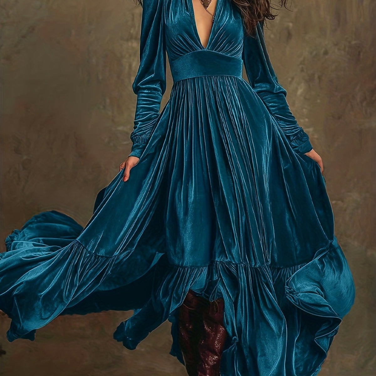 SERAFINA | RETRO OVERSIZED SKIRT LONG DRESS WITH DEEP V-NECK