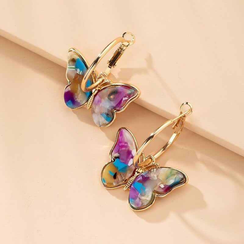 Earrings with Multicoloured Butterflies in Gold