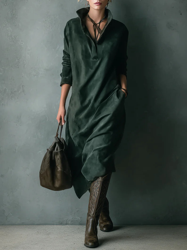 Isna | Green Loose Suede Lapel Long Sleeve Midi Dress