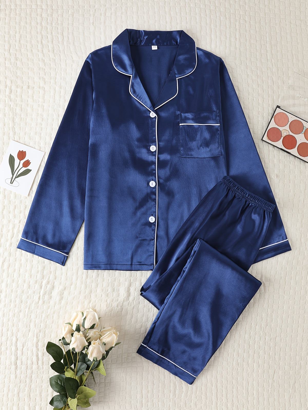 Autumn-Winter High-Quality Solid Color Satin Pajama Set, Comfortable Long-Sleeve Top and Comfortable Elastic Waistband Pants