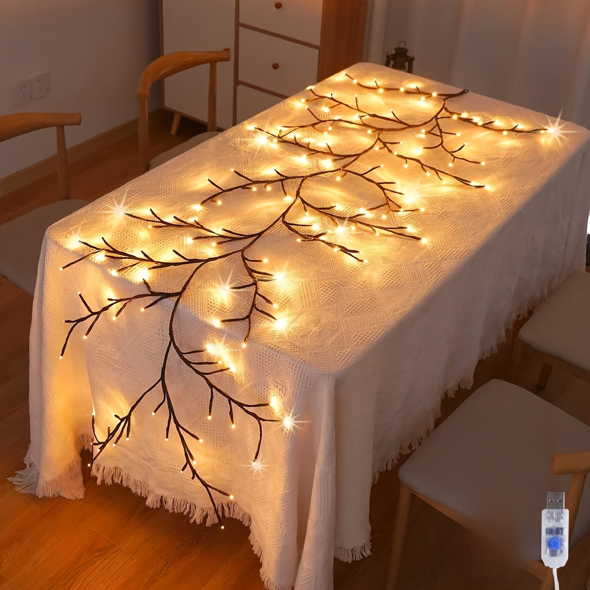 1pc 48LED/36 LED Cherry Blossom Vine String Lights Glowing Cherry Blossom Branch Lights, Bendable Cherry Blossom Vine Lights, LED Branch Lights, 8 Flashing Modes, USB Powered, Indoor Ambient Holiday Decorations Lights