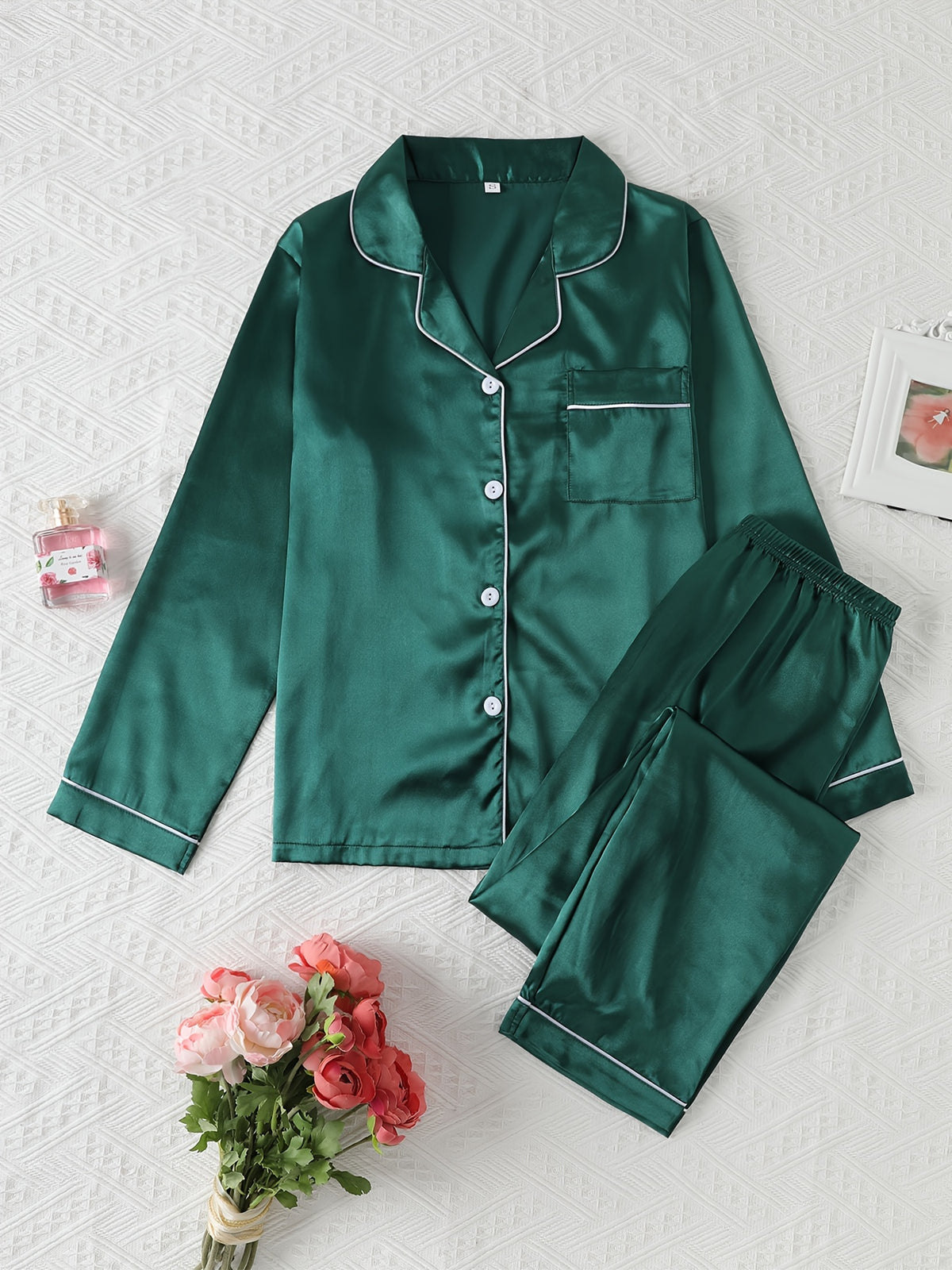 Autumn-Winter High-Quality Solid Color Satin Pajama Set, Comfortable Long-Sleeve Top and Comfortable Elastic Waistband Pants