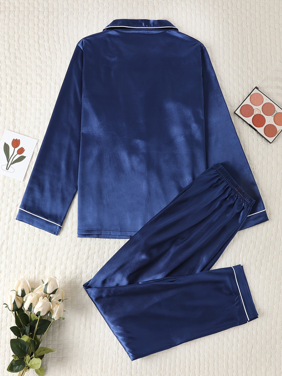 Autumn-Winter High-Quality Solid Color Satin Pajama Set, Comfortable Long-Sleeve Top and Comfortable Elastic Waistband Pants