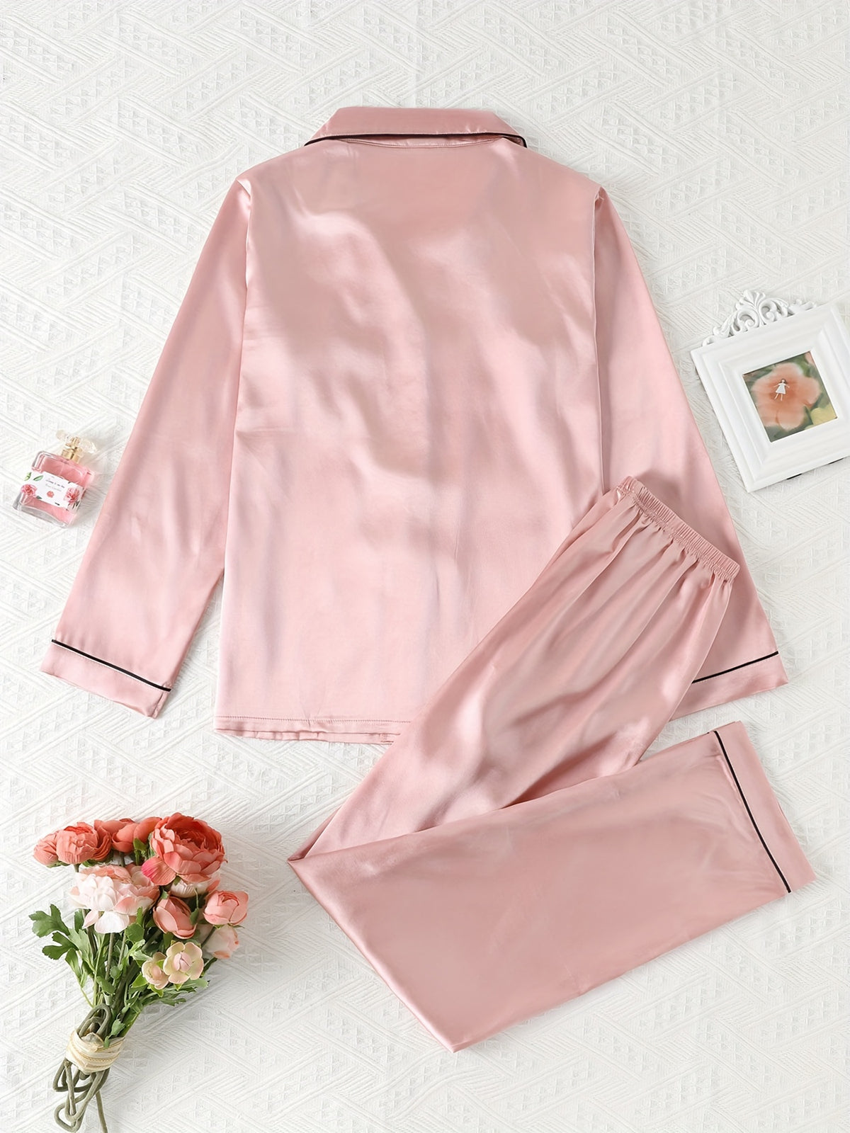 Autumn-Winter High-Quality Solid Color Satin Pajama Set, Comfortable Long-Sleeve Top and Comfortable Elastic Waistband Pants