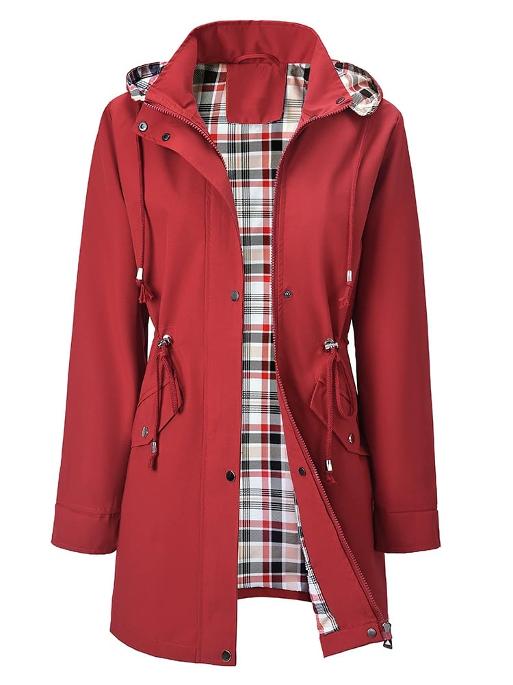 Zenvy's Solid Color Drawstring Zip Up Hooded Trench Coat