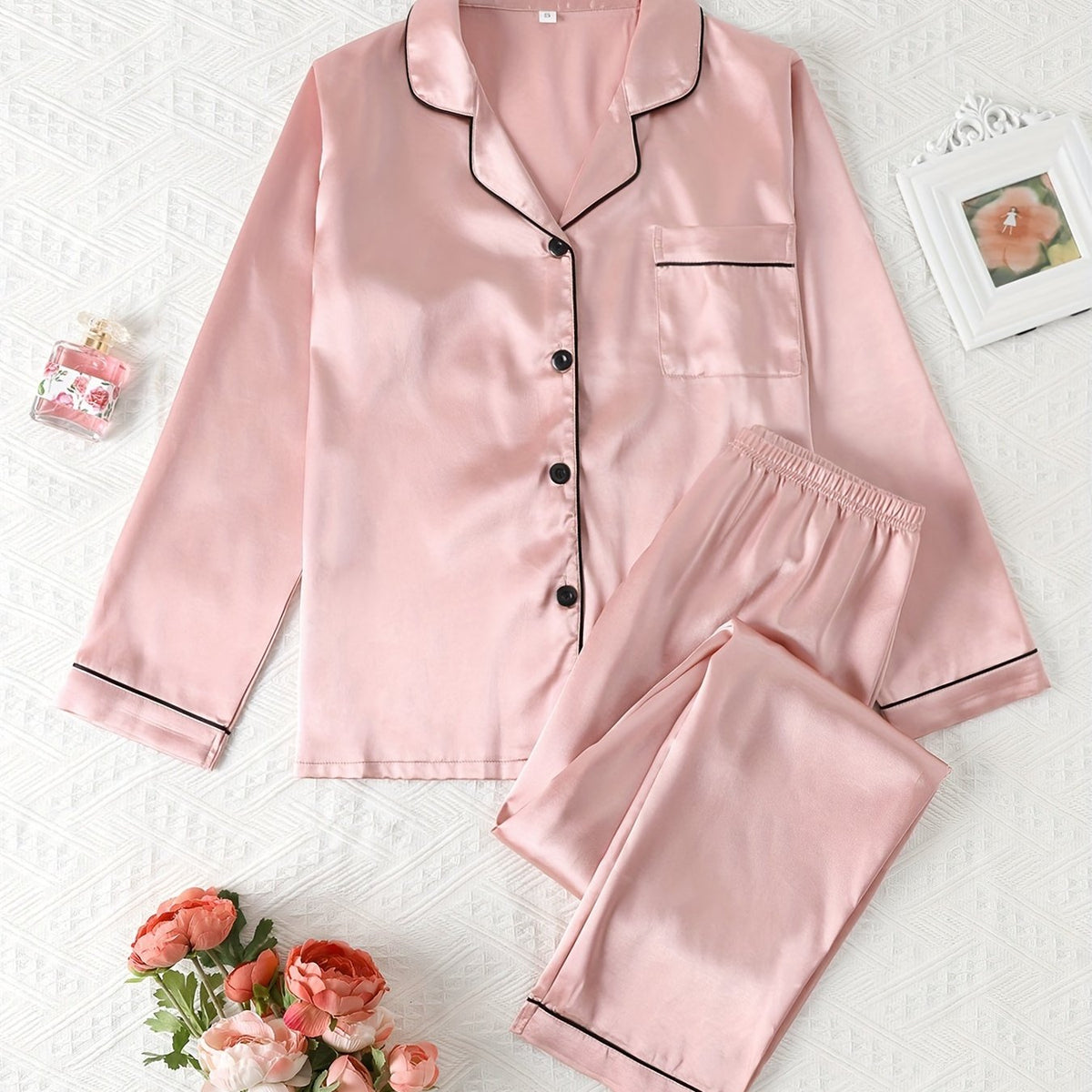 Autumn-Winter High-Quality Solid Color Satin Pajama Set, Comfortable Long-Sleeve Top and Comfortable Elastic Waistband Pants