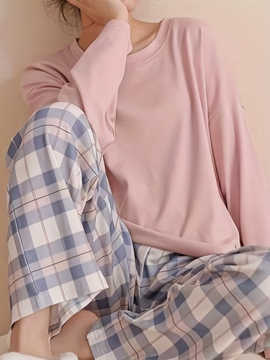 Spring and Autumn Casual Long Sleeve Pajama Set, Comfortable Home Wear Set, Plaid Pajama Set