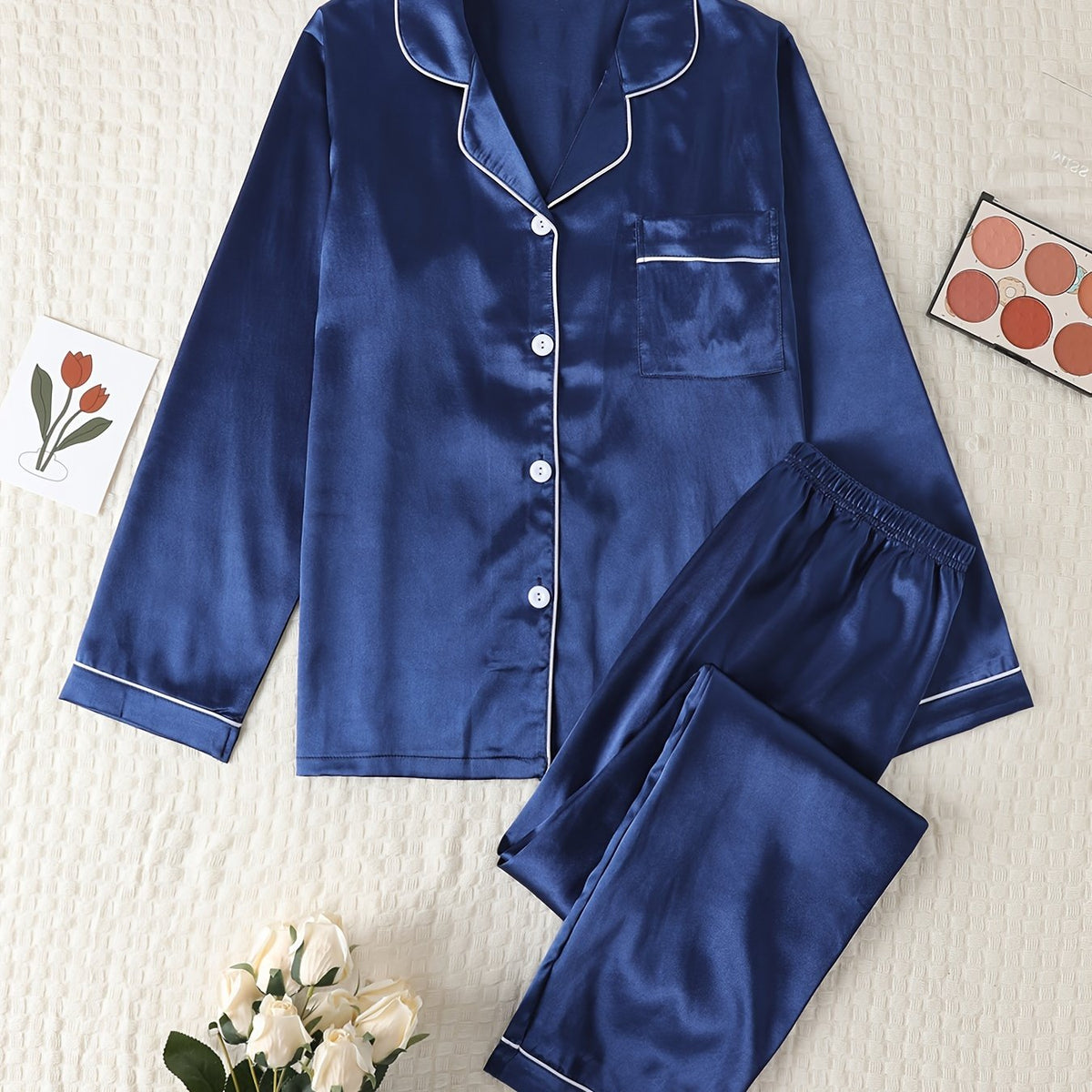 Autumn-Winter High-Quality Solid Color Satin Pajama Set, Comfortable Long-Sleeve Top and Comfortable Elastic Waistband Pants