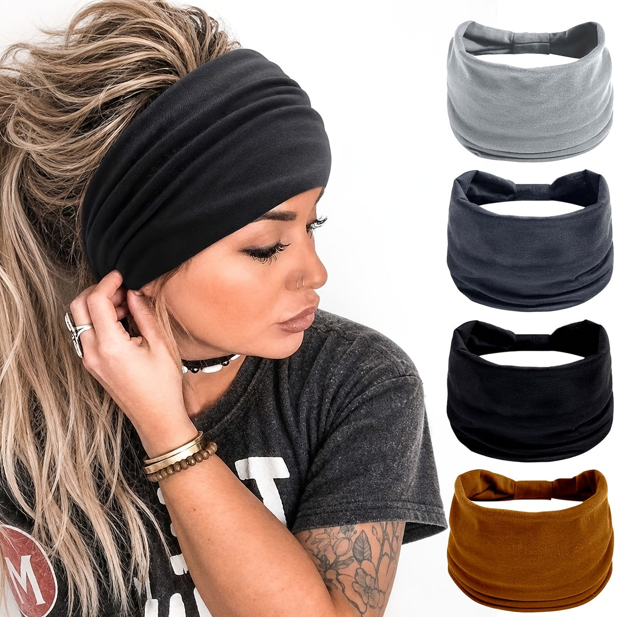 Women's Black Fashionable Wide Headband, Bohemian Thick Hairband, Large African Sports Yoga Headscarf Hair Accessory