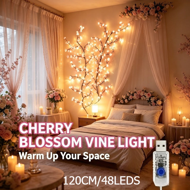 1pc 48LED/36 LED Cherry Blossom Vine String Lights Glowing Cherry Blossom Branch Lights, Bendable Cherry Blossom Vine Lights, LED Branch Lights, 8 Flashing Modes, USB Powered, Indoor Ambient Holiday Decorations Lights