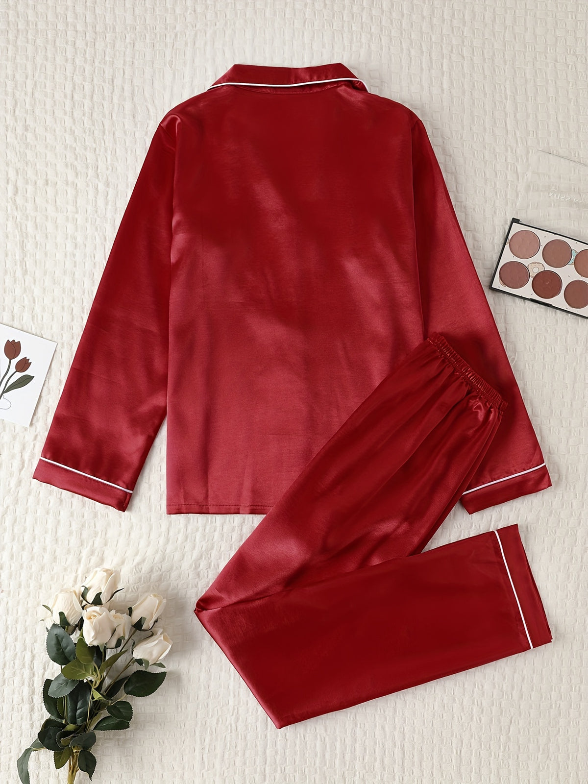 Autumn-Winter High-Quality Solid Color Satin Pajama Set, Comfortable Long-Sleeve Top and Comfortable Elastic Waistband Pants