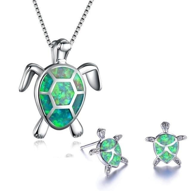 Exclusive Opal & Silver Sea Turtle Necklace and Earring Set